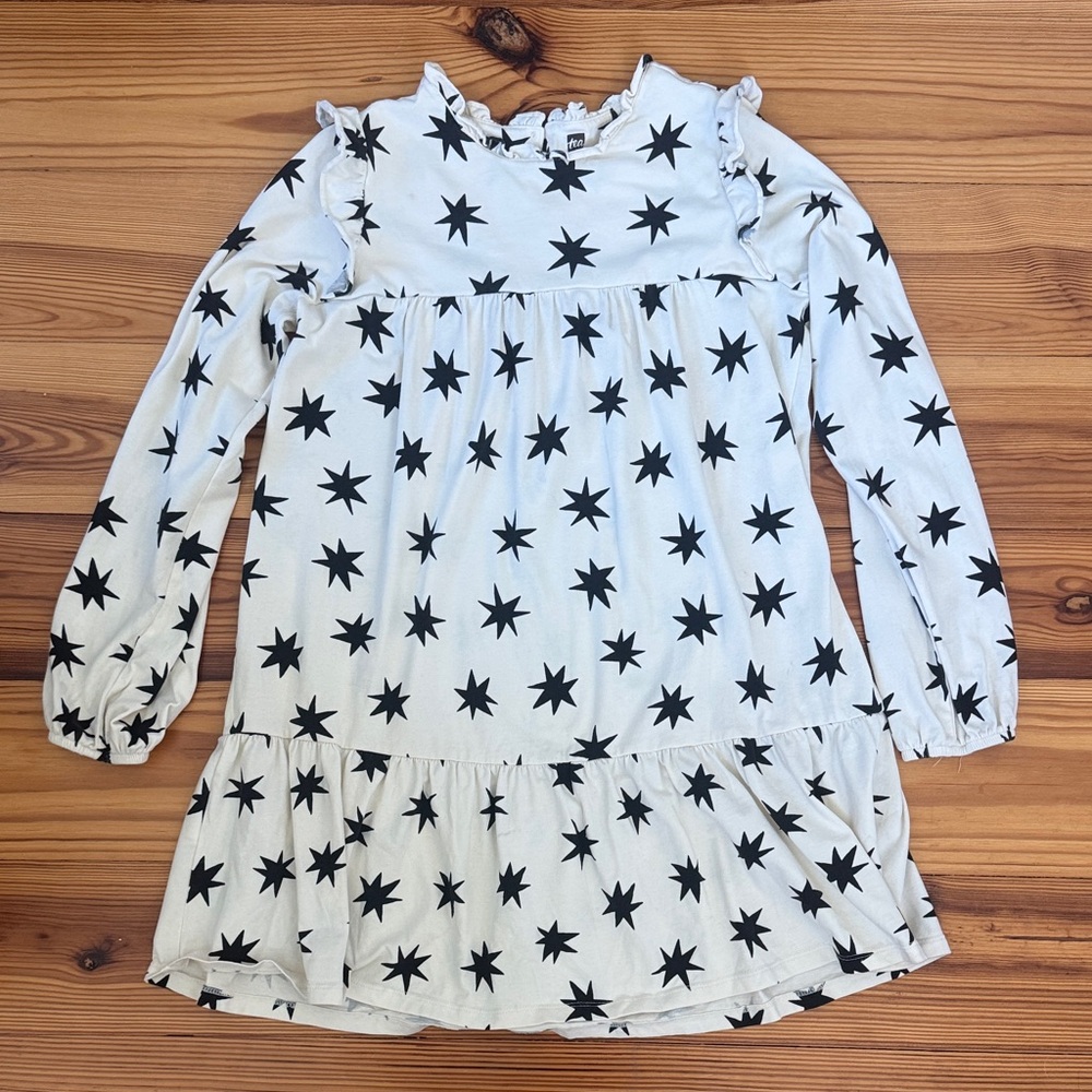 EUC Tea Collection Cream Black Star Patterned Dress Ruffle shoulder SZ 12 girls